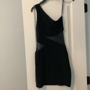 Black cocktail dress with mesh cutouts
